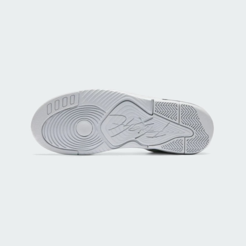 View of the outsole of the Jordan Flight Origin 4 Men's grey basketball shoes, showing the durable rubber tread pattern for multi-directional traction.