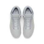 Top-down view of a pair of Jordan Flight Origin 4 Men's basketball shoes in grey, highlighting their structured silhouette and lace-up closure.