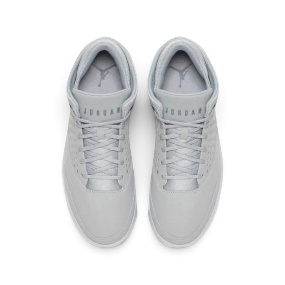 Top-down view of a pair of Jordan Flight Origin 4 Men's basketball shoes in grey, highlighting their structured silhouette and lace-up closure.