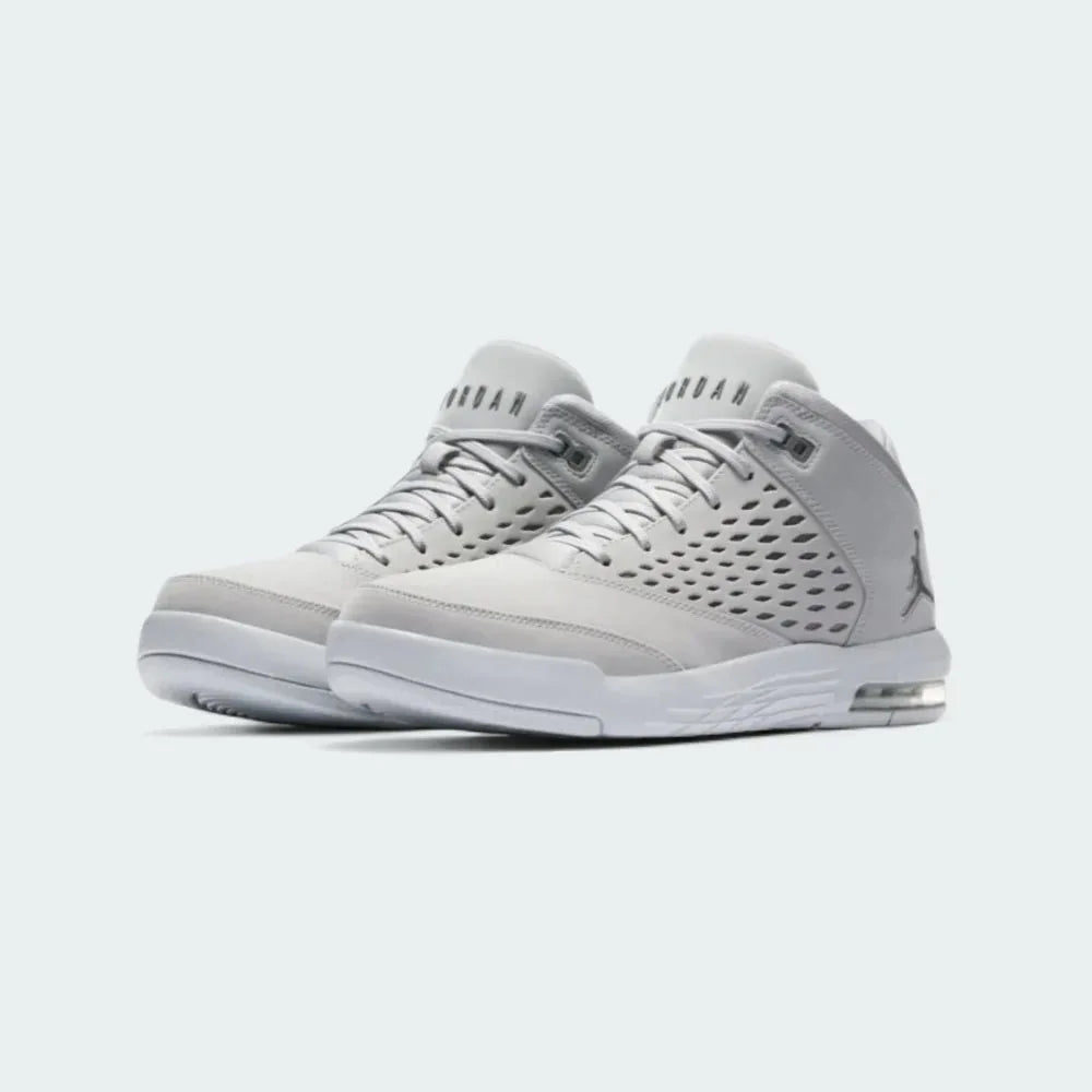 Angled view of two Jordan Flight Origin 4 Men's grey basketball shoes, side by side, showcasing their iconic design and bold profile.