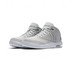 Angled view of two Jordan Flight Origin 4 Men's grey basketball shoes, side by side, showcasing their iconic design and bold profile.