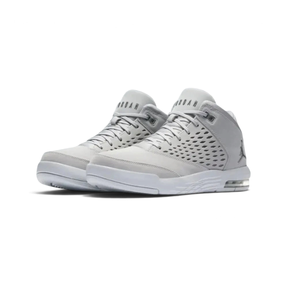 Angled view of two Jordan Flight Origin 4 Men's grey basketball shoes, side by side, showcasing their iconic design and bold profile.