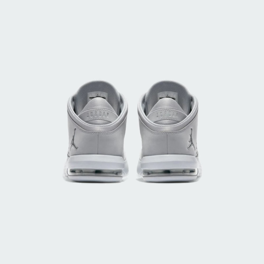 Rear view of the Jordan Flight Origin 4 Men's grey basketball shoes, focusing on the prominent heel counter and classic heel tab.