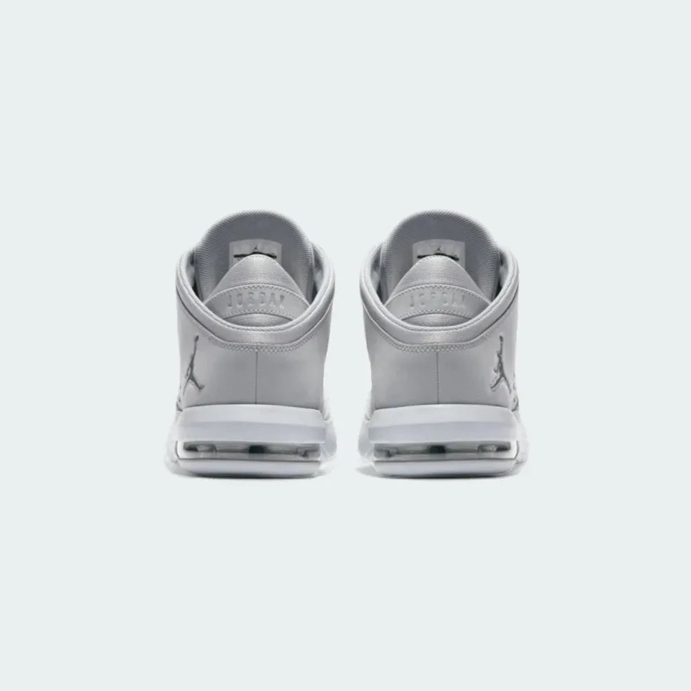 Rear view of the Jordan Flight Origin 4 Men's grey basketball shoes, focusing on the prominent heel counter and classic heel tab.