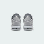 Rear view of the Jordan Flight Origin 4 Men's grey basketball shoes, focusing on the prominent heel counter and classic heel tab.