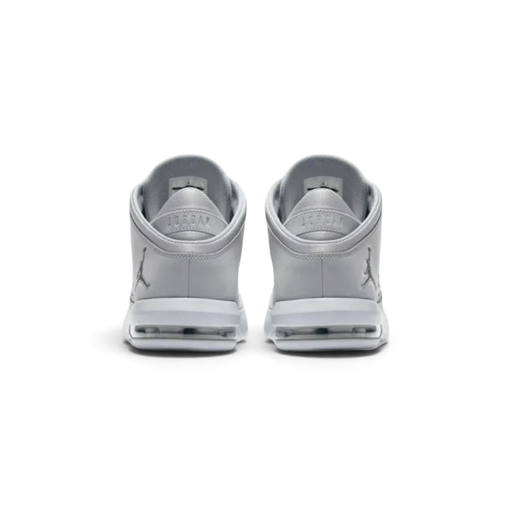 Rear view of the Jordan Flight Origin 4 Men's grey basketball shoes, focusing on the prominent heel counter and classic heel tab.