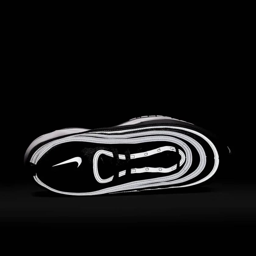 Close-up of Nike Air Max 97 Men's Trainers 921826-001 mesh and synthetic material detail and reflective details