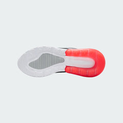 View of the outsole of the Nike Air Max 270 Juniors' grey trainers, showing the durable rubber tread pattern with flex grooves.