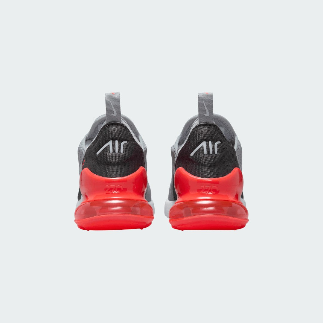 Rear view of the Nike Air Max 270 Juniors' trainers, focusing on the large, visible 270 Max Air unit in the heel and pull tab.