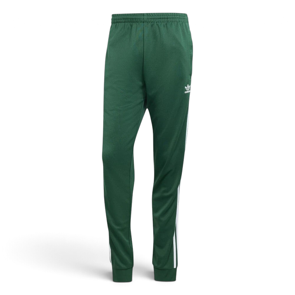 Looking down at the elasticated drawcord waist and the rich green texture of the recycled cotton-blend.