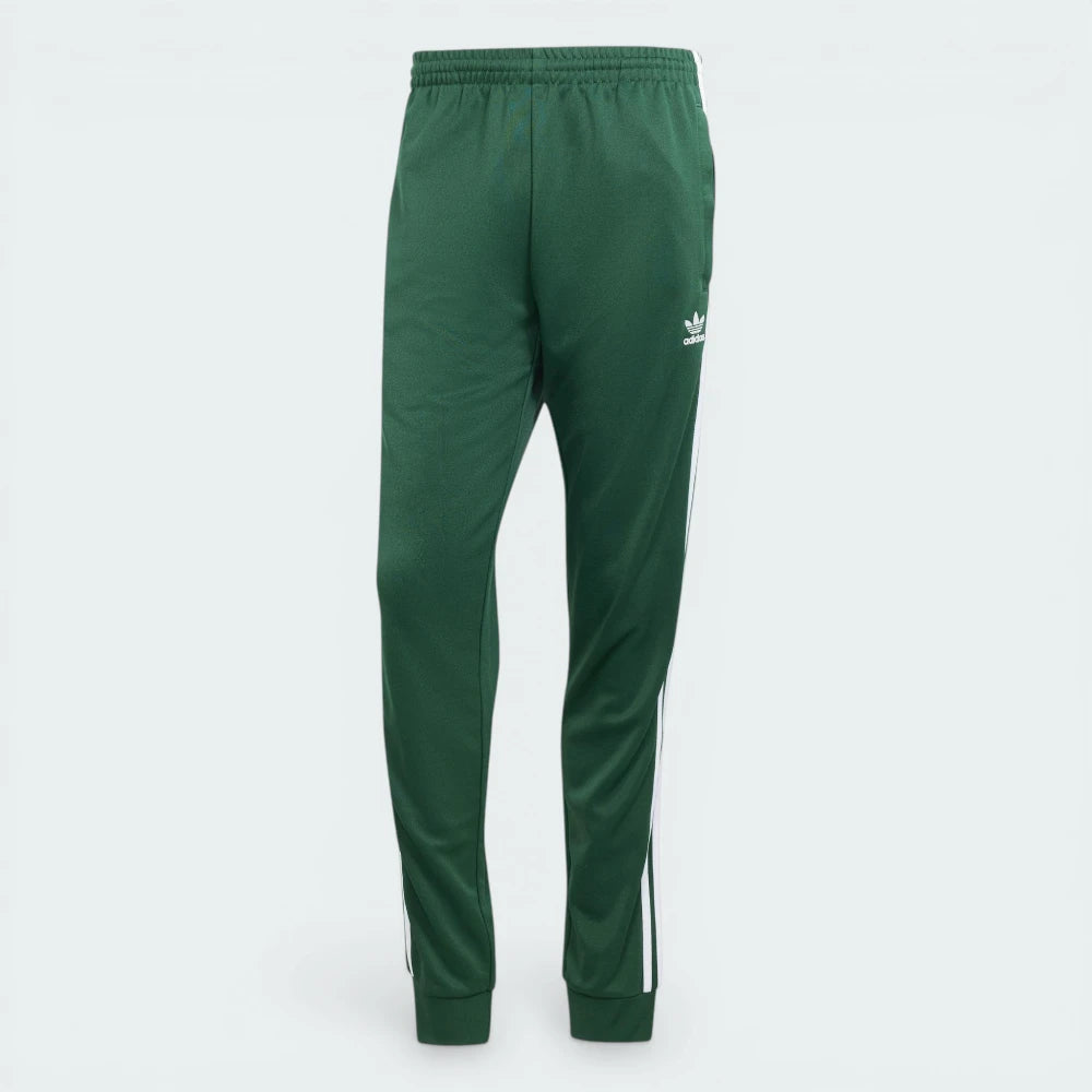 Looking down at the elasticated drawcord waist and the rich green texture of the recycled cotton-blend.