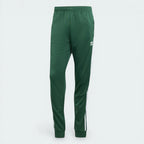 Looking down at the elasticated drawcord waist and the rich green texture of the recycled cotton-blend.