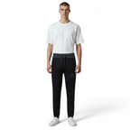 Highlights the high-velocity sweep of the contrast grey 3-Stripes along the side seams, showing the professional, deep matte black texturing of the French terry body and the clean alignment of the Trefoil logo.