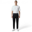 Highlights the high-velocity sweep of the contrast grey 3-Stripes along the side seams, showing the professional, deep matte black texturing of the French terry body and the clean alignment of the Trefoil logo.