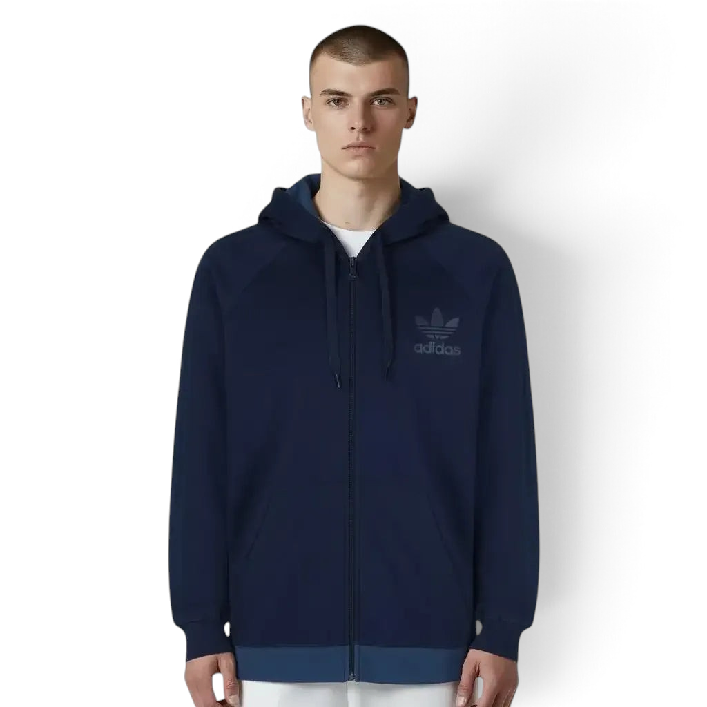 Adidas Men's Trefoil Fleece Hooded Track Jacket in collegiate navy, front view showing the full-zip, hood, contrast three stripes on the sleeves, and Trefoil logo on the chest.