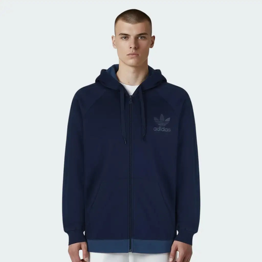Adidas Men's Trefoil Fleece Hooded Track Jacket in collegiate navy, front view showing the full-zip, hood, contrast three stripes on the sleeves, and Trefoil logo on the chest.