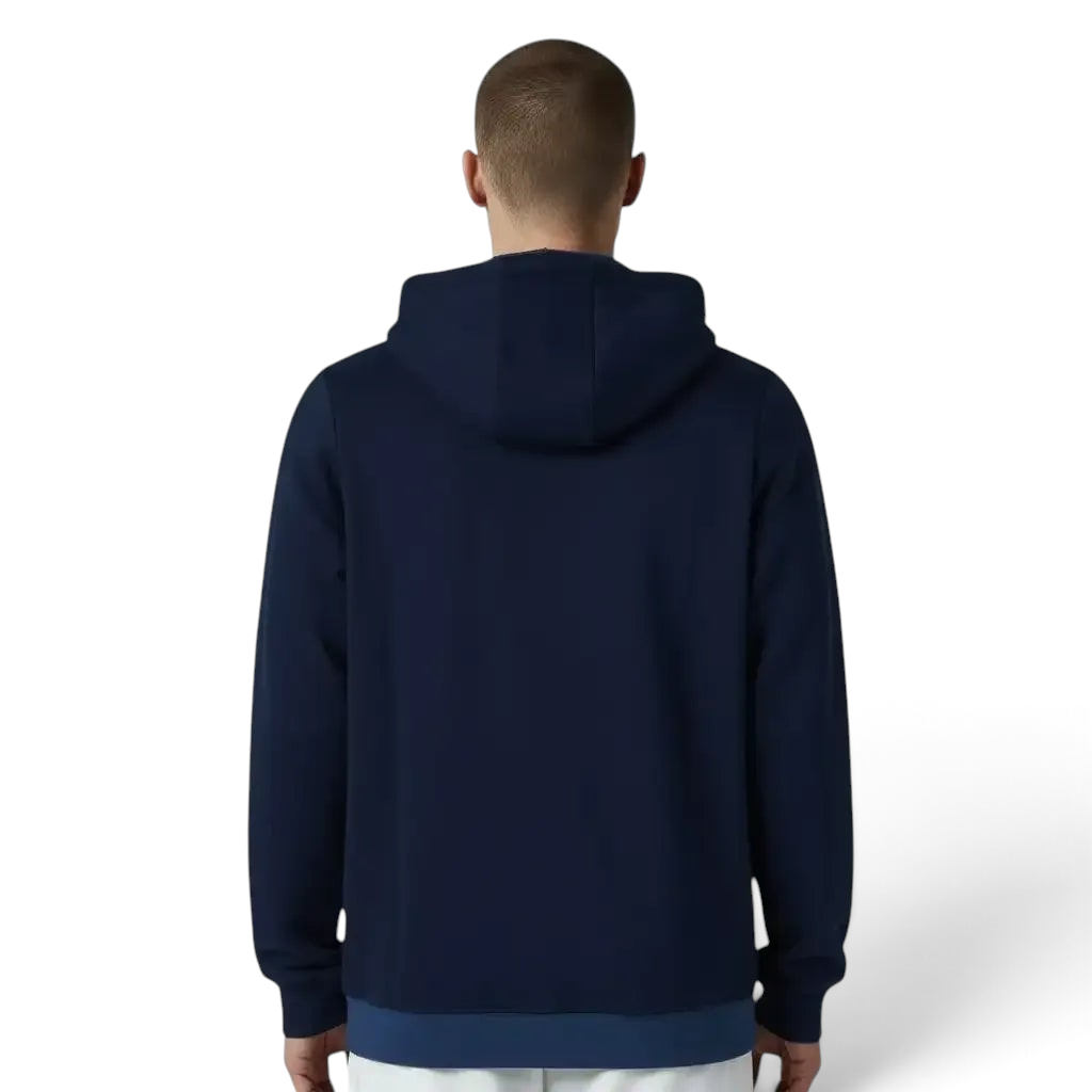 Adidas Men's Trefoil Fleece Hooded Track Jacket in collegiate navy, back view showcasing the hood and the continuation of the three stripes down the sleeves.