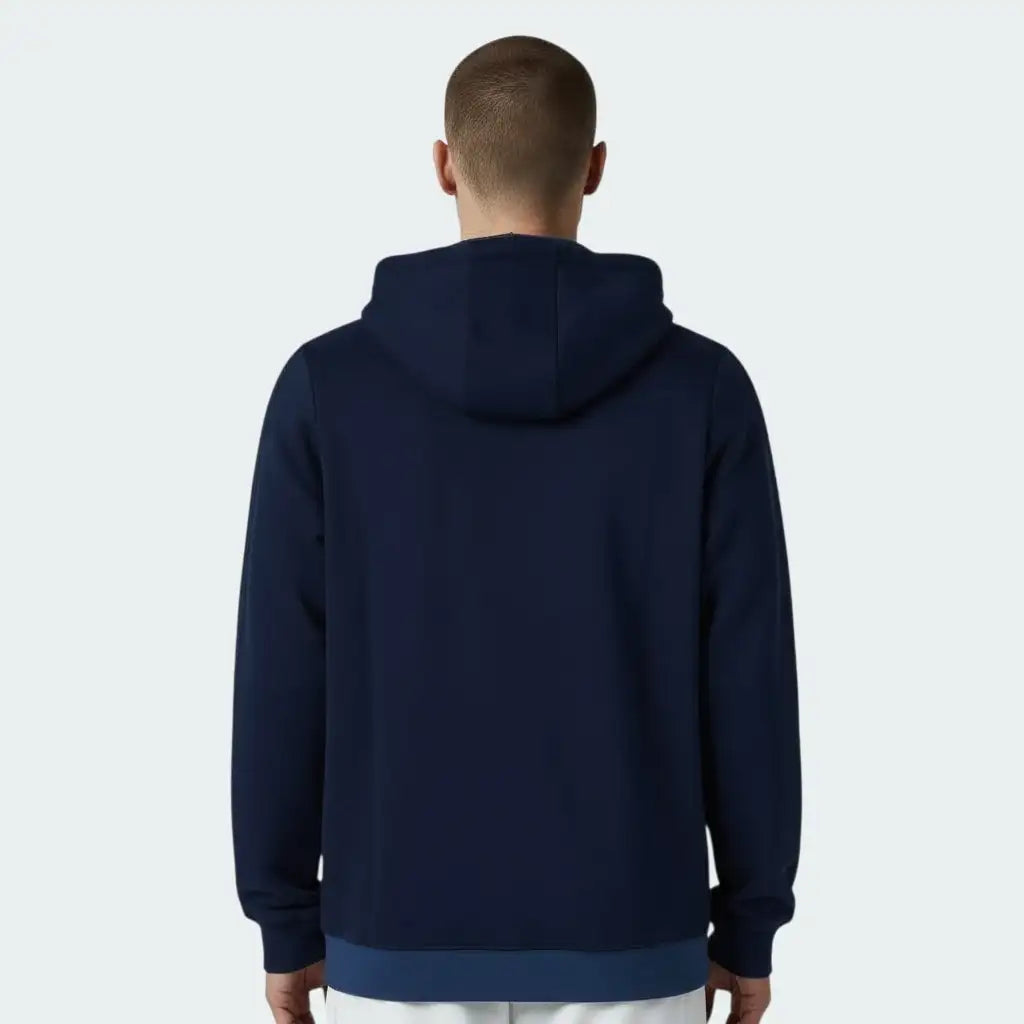 Adidas Men's Trefoil Fleece Hooded Track Jacket in collegiate navy, back view showcasing the hood and the continuation of the three stripes down the sleeves.