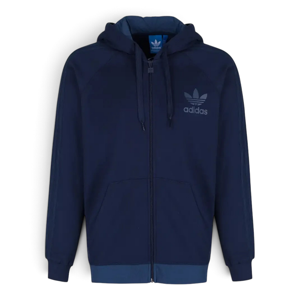 Adidas Men's Trefoil Fleece Hooded Track Jacket in collegiate navy, front view showing the full-zip, hood, contrast three stripes on the sleeves, and Trefoil logo on the chest.