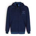 Adidas Men's Trefoil Fleece Hooded Track Jacket in collegiate navy, front view showing the full-zip, hood, contrast three stripes on the sleeves, and Trefoil logo on the chest.