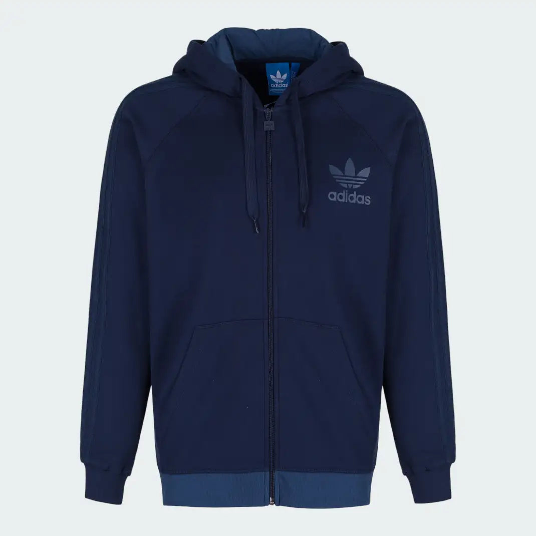 Adidas Men's Trefoil Fleece Hooded Track Jacket in collegiate navy, front view showing the full-zip, hood, contrast three stripes on the sleeves, and Trefoil logo on the chest.