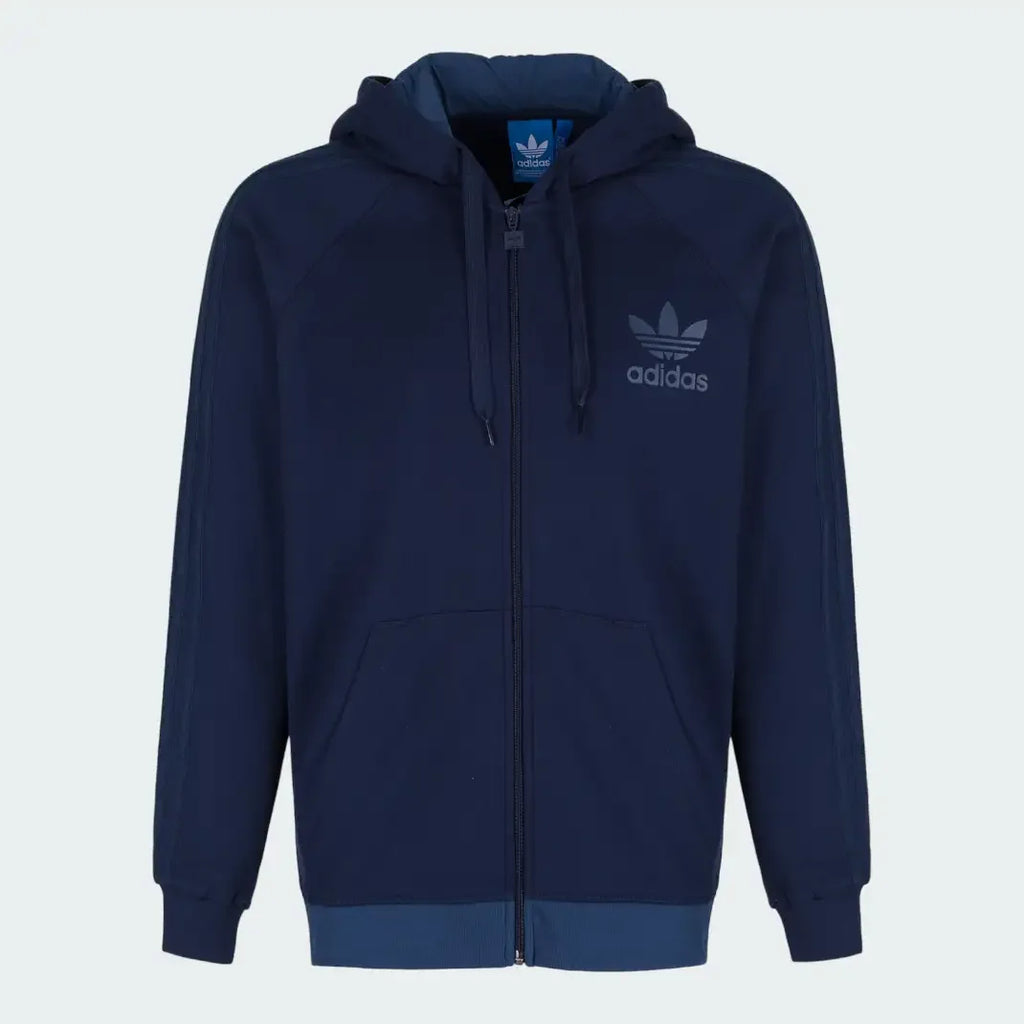 Adidas Men's Trefoil Fleece Hooded Track Jacket in collegiate navy, front view showing the full-zip, hood, contrast three stripes on the sleeves, and Trefoil logo on the chest.