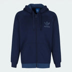 Adidas Men's Trefoil Fleece Hooded Track Jacket in collegiate navy, front view showing the full-zip, hood, contrast three stripes on the sleeves, and Trefoil logo on the chest.