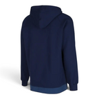 Adidas Men's Trefoil Fleece Hooded Track Jacket in collegiate navy, back view showcasing the hood and the continuation of the three stripes down the sleeves.