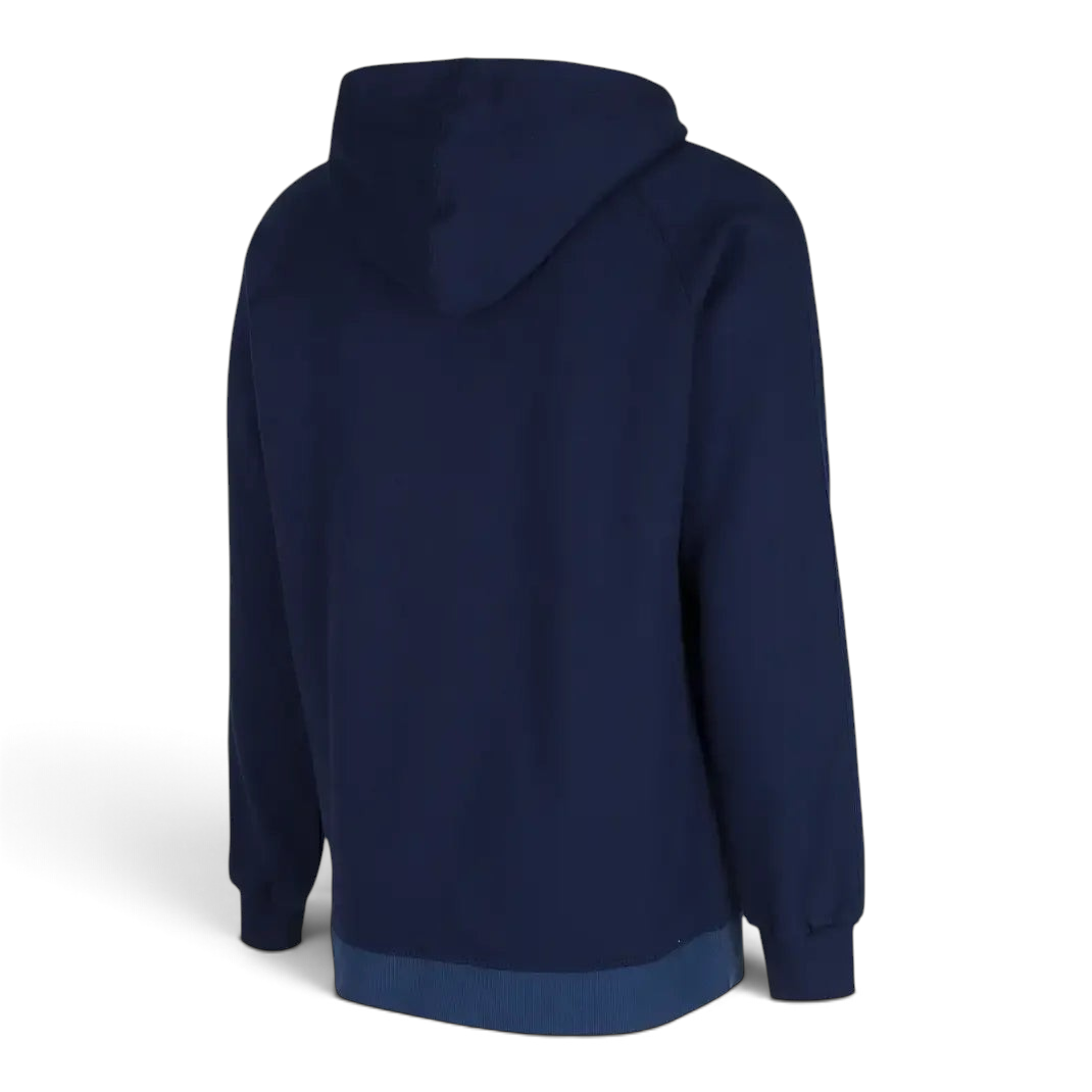 Adidas Men's Trefoil Fleece Hooded Track Jacket in collegiate navy, back view showcasing the hood and the continuation of the three stripes down the sleeves.