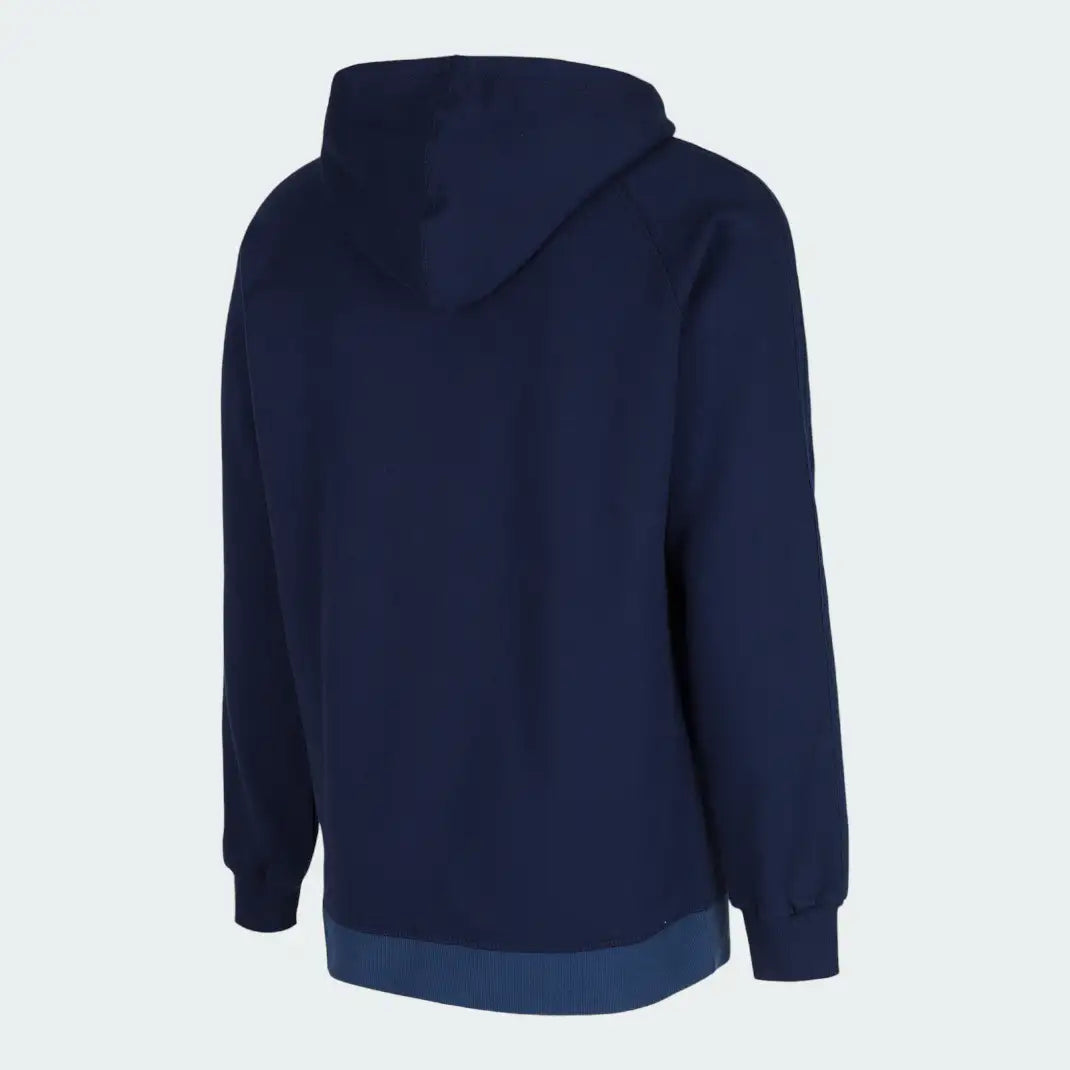 Adidas Men's Trefoil Fleece Hooded Track Jacket in collegiate navy, back view showcasing the hood and the continuation of the three stripes down the sleeves.