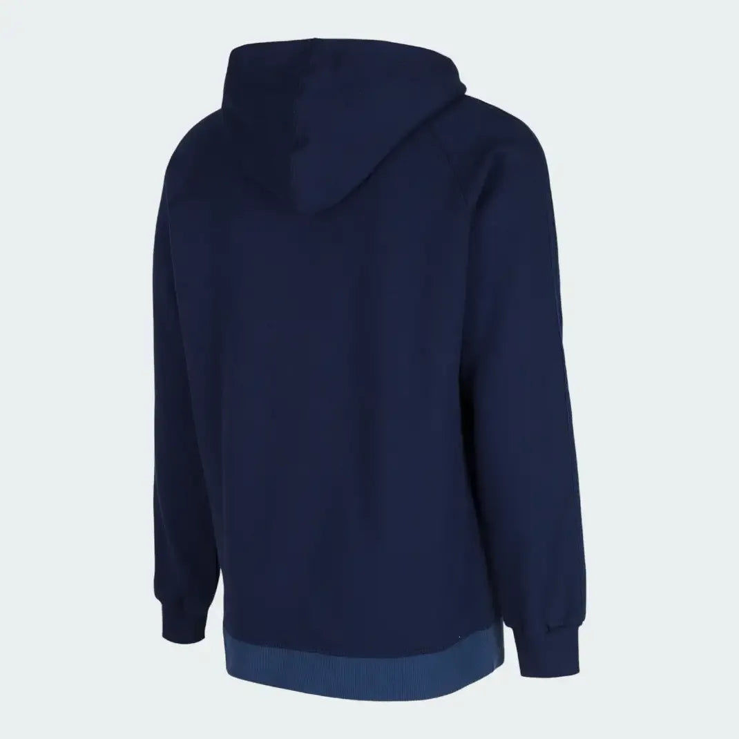 Adidas Men's Trefoil Fleece Hooded Track Jacket in collegiate navy, back view showcasing the hood and the continuation of the three stripes down the sleeves.