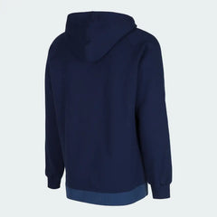 Adidas Men's Trefoil Fleece Hooded Track Jacket in collegiate navy, back view showcasing the hood and the continuation of the three stripes down the sleeves.