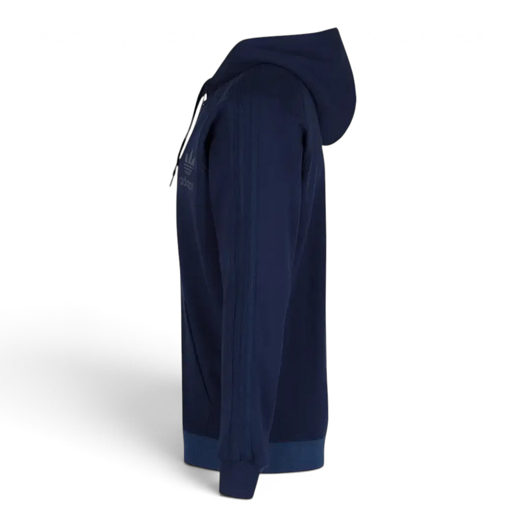 Adidas Men's Trefoil Fleece Hooded Track Jacket in collegiate navy, side profile showing the slim fit, cuffed arm, and zippered side pocket.