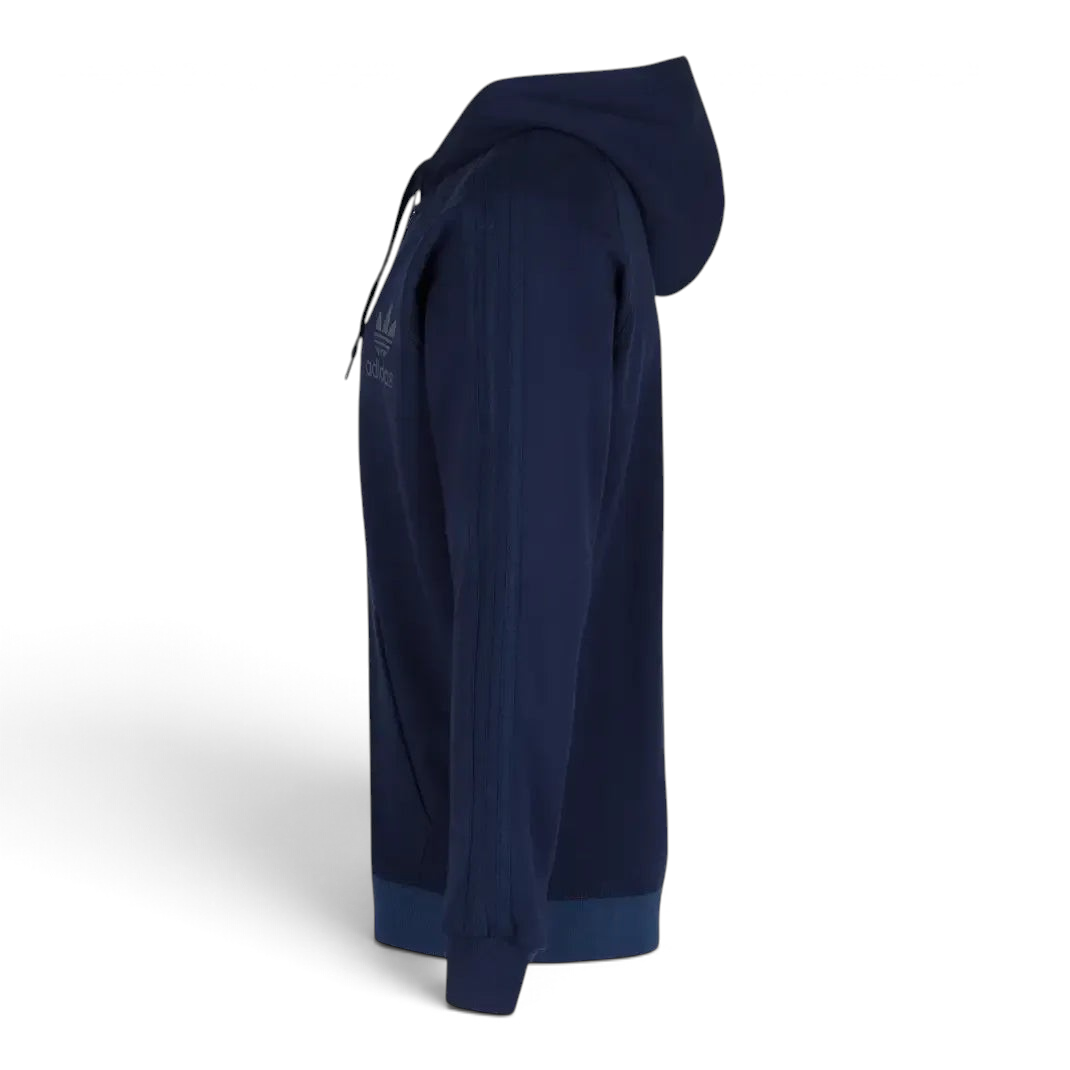 Adidas Men's Trefoil Fleece Hooded Track Jacket in collegiate navy, side profile showing the slim fit, cuffed arm, and zippered side pocket.