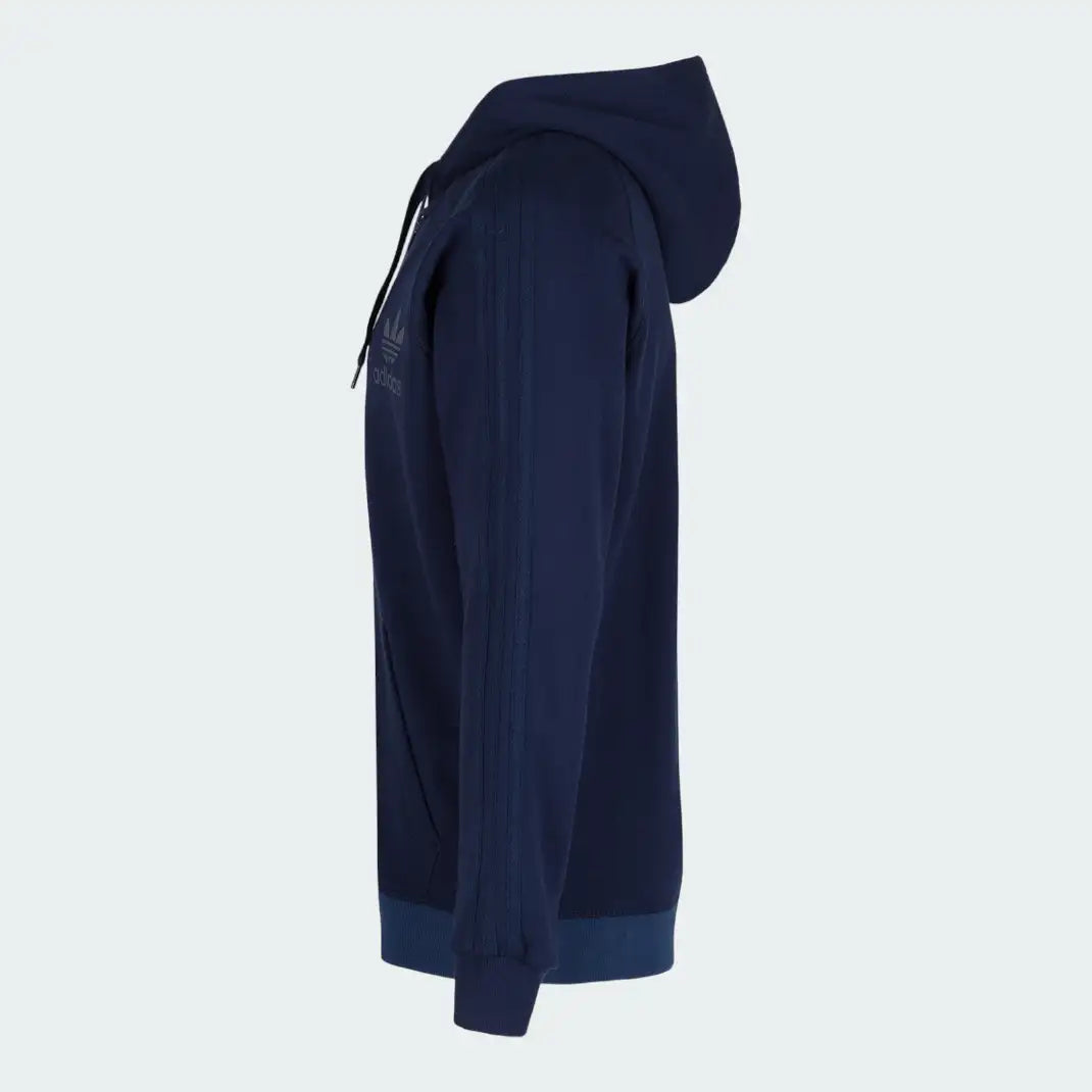 Adidas Men's Trefoil Fleece Hooded Track Jacket in collegiate navy, side profile showing the slim fit, cuffed arm, and zippered side pocket.