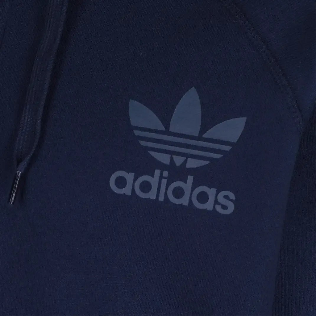 Close-up zoom on the Adidas Men's Trefoil Fleece Hooded Track Jacket, showing the soft fleece lining and the screen print Trefoil logo detail.
