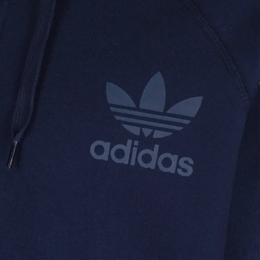 Close-up zoom on the Adidas Men's Trefoil Fleece Hooded Track Jacket, showing the soft fleece lining and the screen print Trefoil logo detail.