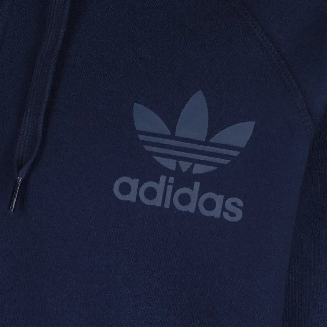 Close-up zoom on the Adidas Men's Trefoil Fleece Hooded Track Jacket, showing the soft fleece lining and the screen print Trefoil logo detail.