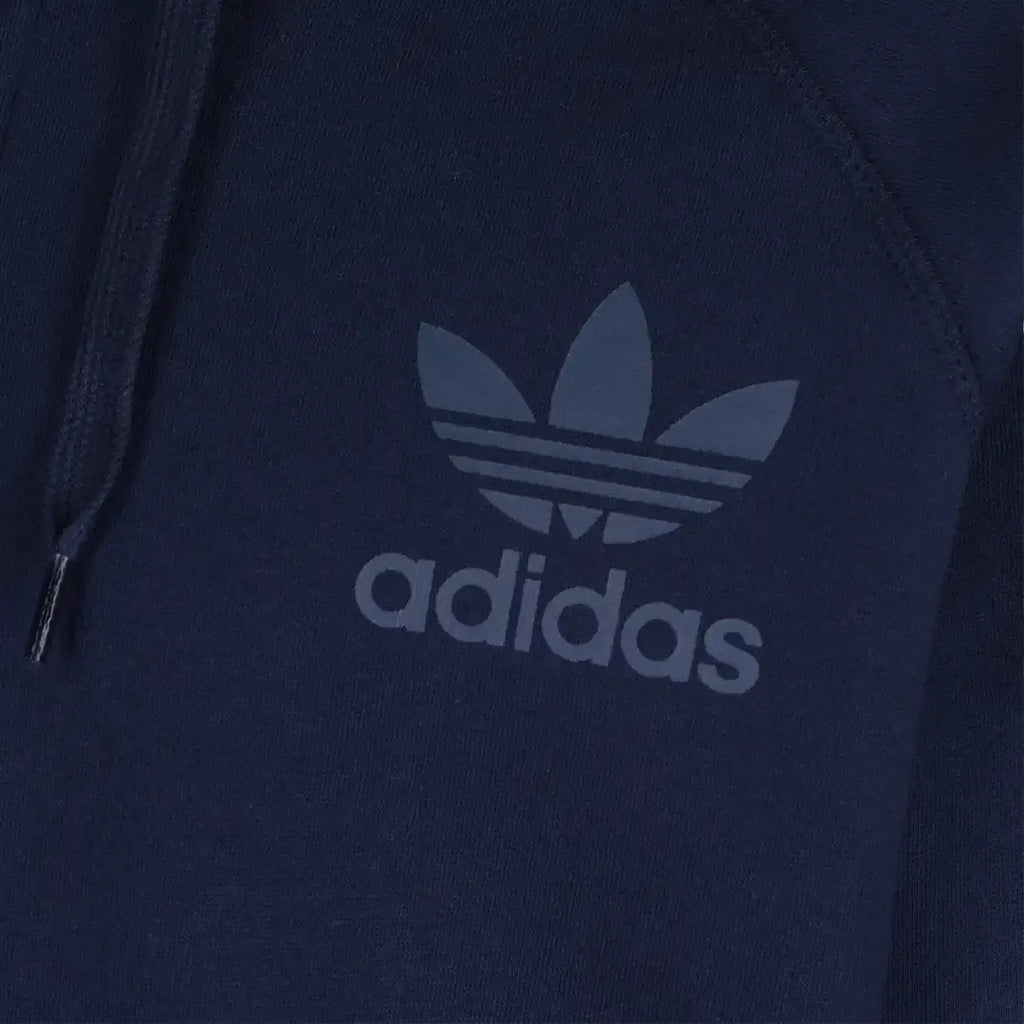Close-up zoom on the Adidas Men's Trefoil Fleece Hooded Track Jacket, showing the soft fleece lining and the screen print Trefoil logo detail.