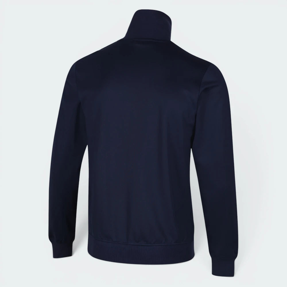 Focuses on the clean, unadorned back panel of the jacket, highlighting the sharp drop of the raglan shoulder seams and the consistent rich tone of the navy blue double-knit fabric.