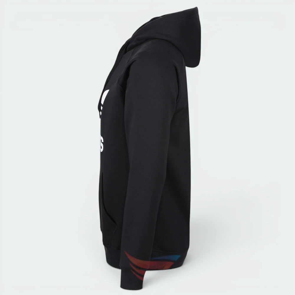 Black hoodie with a brand logo on the sleeve against a white background
