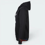 Black hoodie with a brand logo on the sleeve against a white background