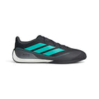 Studio lateral shot of the adidas Feroza Mercedes-AMG Petronas F1 Team shoes in Core Black and Semi Mint Rush, highlighting the black upper, vibrant mint three stripes, iron metallic heel counter with team branding, and stable rubber outsole.