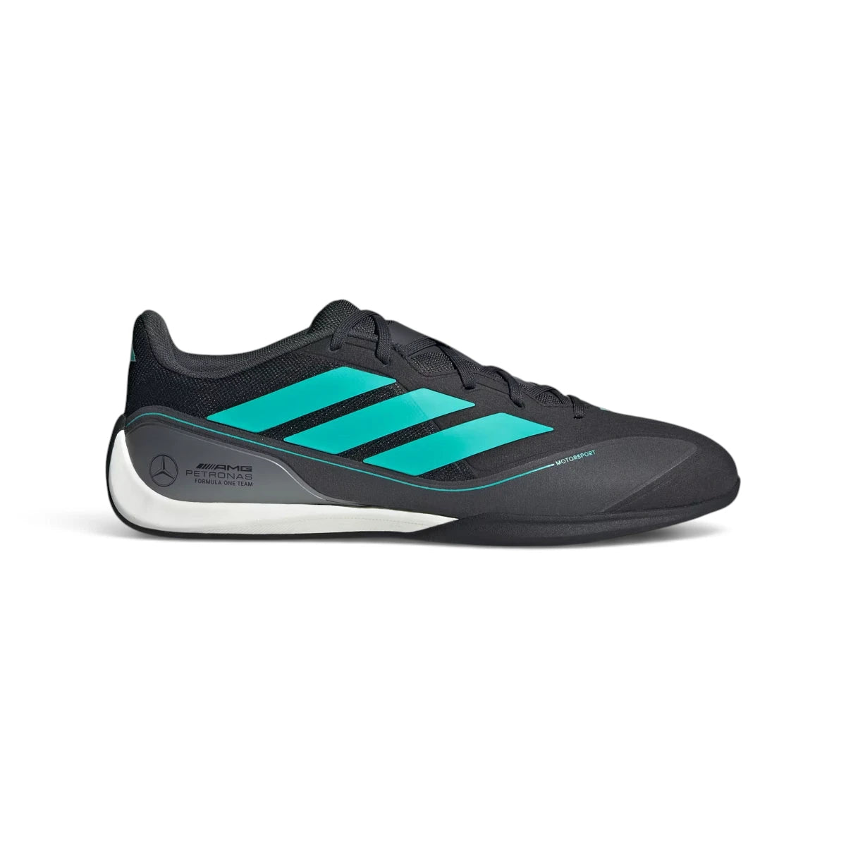 Studio lateral shot of the adidas Feroza Mercedes-AMG Petronas F1 Team shoes in Core Black and Semi Mint Rush, highlighting the black upper, vibrant mint three stripes, iron metallic heel counter with team branding, and stable rubber outsole.