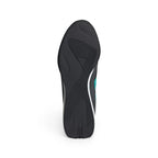Bottom-down view of the black rubber outsole, showcasing the circular pivot zones, grooved traction lines, and embossed adidas branding.