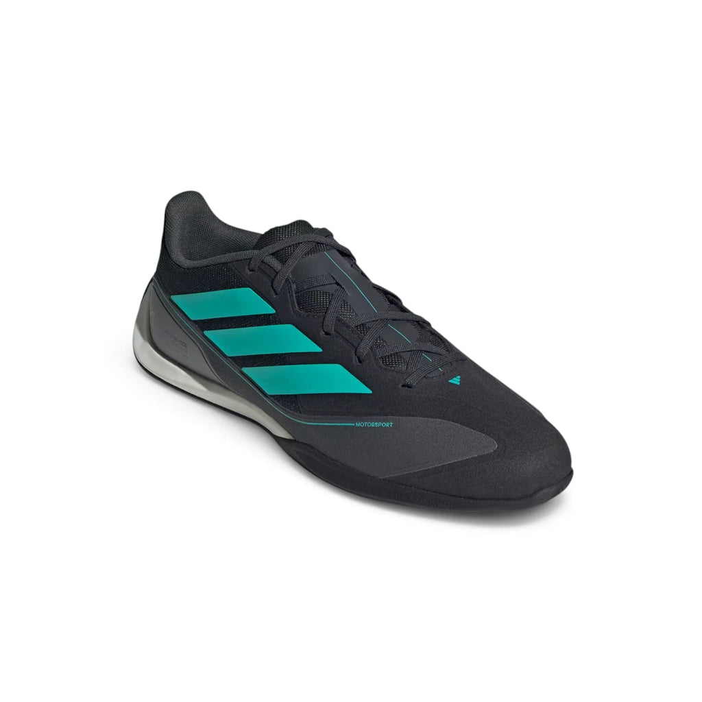Angled front-three-quarter perspective capturing the streamlined toe cap, protective synthetic overlays, and dynamic side striping.