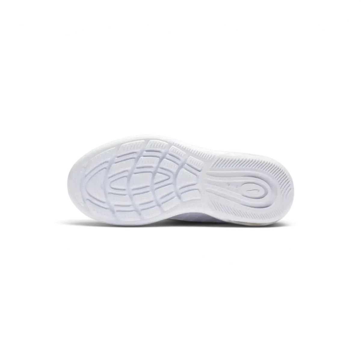 View of the outsole of the Nike Air Max Axis Children's white trainers, showing the durable rubber sole and tread pattern.