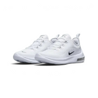 Angled view of two Nike Air Max Axis Children's trainers in white and black, side by side, showcasing their modern aesthetic and lightweight construction.