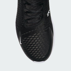 Close-up zoom on the front of the Nike Air Max 270 Men's black trainers, showing the mesh toe box, lacing system, and synthetic overlays.