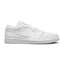Side profile of the Air Jordan 1 Low in all-white showing genuine leather upper, encapsulated Air-Sole unit, and solid rubber outsole.